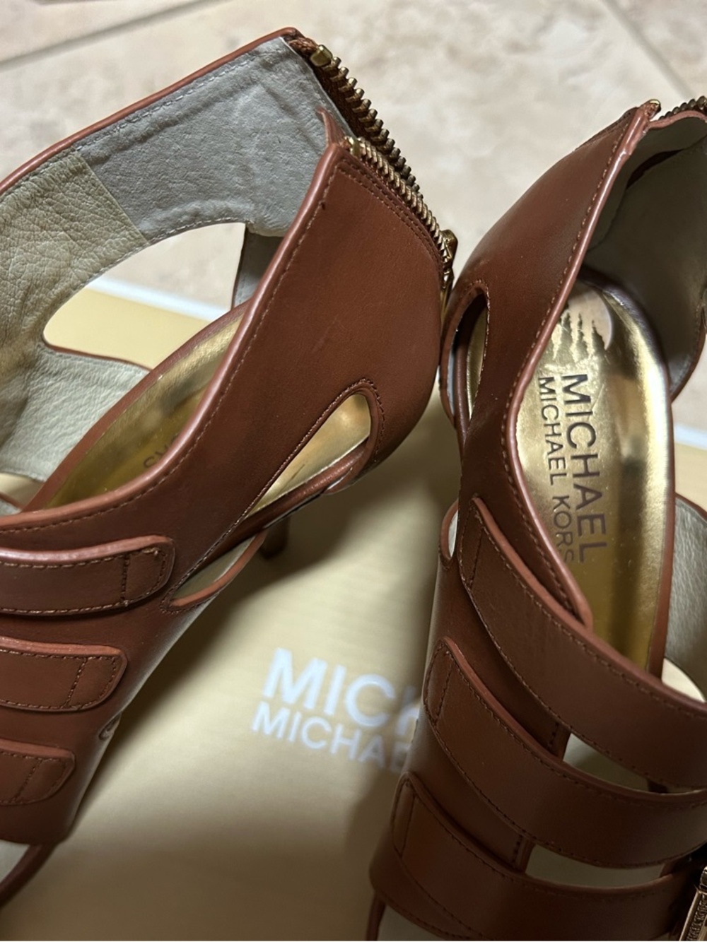 Michael Kors Brown Leather Multi-Strap Heeled Sandals with Gold Buckles - Picture 3 of 4
